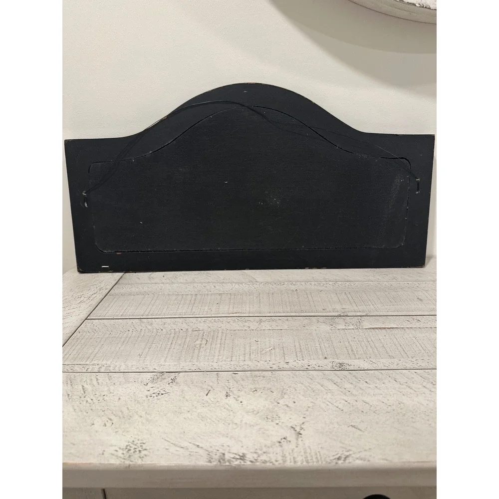 Vintage Hand Painted Floral Wood Wall Plaque Pink Flowers Black Arched Sign